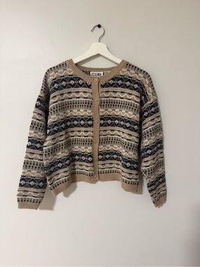 Beige Patterned Button-Front Women's Cardigan Sweater